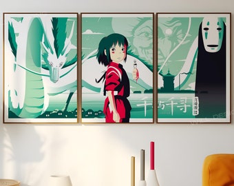 El viaje de Chihiro - Arte de pared de 3 piezas enmarcado/sin enmarcar y lienzo, Studio Ghibli, arte de anime, regalo de anime, impresión de anime, póster de anime, juego de 3