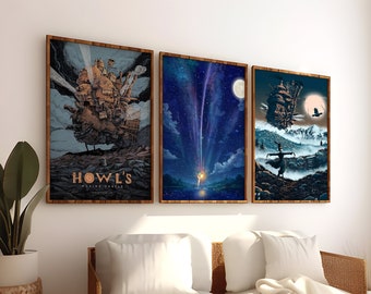 Juego de 3 piezas de El castillo ambulante de Howl, arte de pared enmarcado y sin marco, Studio Ghibli, arte de anime, regalo de anime, impresión de arte de anime, póster de anime, juego de Ghibli