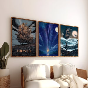 Howls Moving Castle 3 Piece Set Wall Art Framed & Unframed, Studio Ghibli, Anime Art, Anime Gift, Anime Art Print, Anime Poster, Ghibli Set
