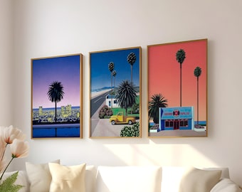 Hiroshi Nagai Poster Set of 3 Framed & Unframed Wall Art, Vaporwave Print, Home decor, Art Gift, Palm Trees Art, 80's Wall Art