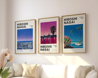 Conjunto de pôsteres de Hiroshi Nagai com 3 quadros, sem moldura e arte de parede e tela, gravuras japonesas, presente de arte, arte de parede dos anos 80, impressão Synthwave, decoração para casa