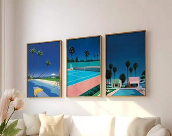 Pôster de Hiroshi Nagai / Tela / Conjunto emoldurado de 3 artes de parede, Arte de parede dos anos 70/80 de Miami, Impressão Vaporwave, Decoração de casa, Palmeiras à beira da piscina