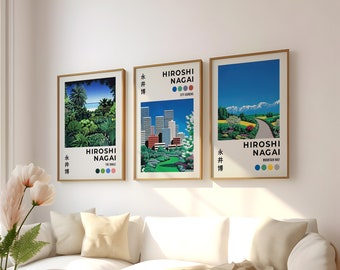 Conjunto de pôsteres de Hiroshi Nagai com 3 quadros de parede emoldurados/sem moldura e tela, gravuras japonesas, presente de arte, arte de parede dos anos 80, impressão Synthwave, decoração para casa