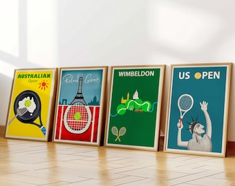 Tennis Art SET of 4 Canvas / Art Print / Framed Wall Art, Tennis World Tournament Art work, Gift for Tennis Fan Tennis Player, Tennis Poster