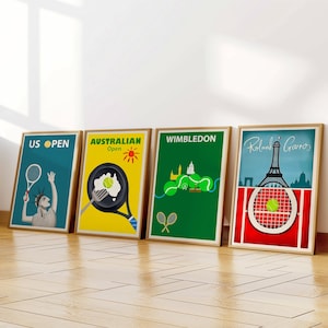 Juego de 4 lienzos de arte de tenis, impresión artística, arte de pared enmarcado, póster de tenis, obra de arte del torneo mundial de tenis, regalo para fanáticos del tenis.