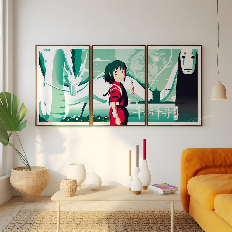 May include: Three framed prints of a Japanese animated film. The left print features a white dragon, the middle print features a young girl with red hair and a red and white kimono, and the right print features a black figure with a white mask. The prints are set against a green background with white clouds and a Japanese cityscape.