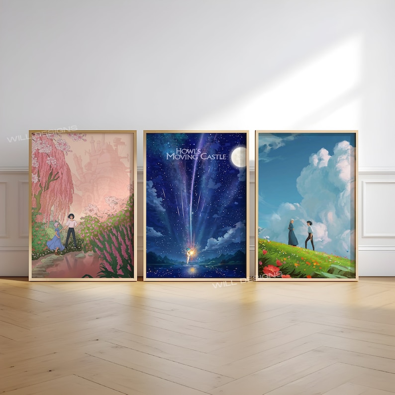 May include: Three framed posters featuring scenes from the animated film Howl's Moving Castle. The first poster shows a pink and blue scene with a castle in the background. The second poster shows a night sky with a shooting star and the text "Howl's Moving Castle". The third poster shows a green field with a couple walking towards a blue sky with clouds.