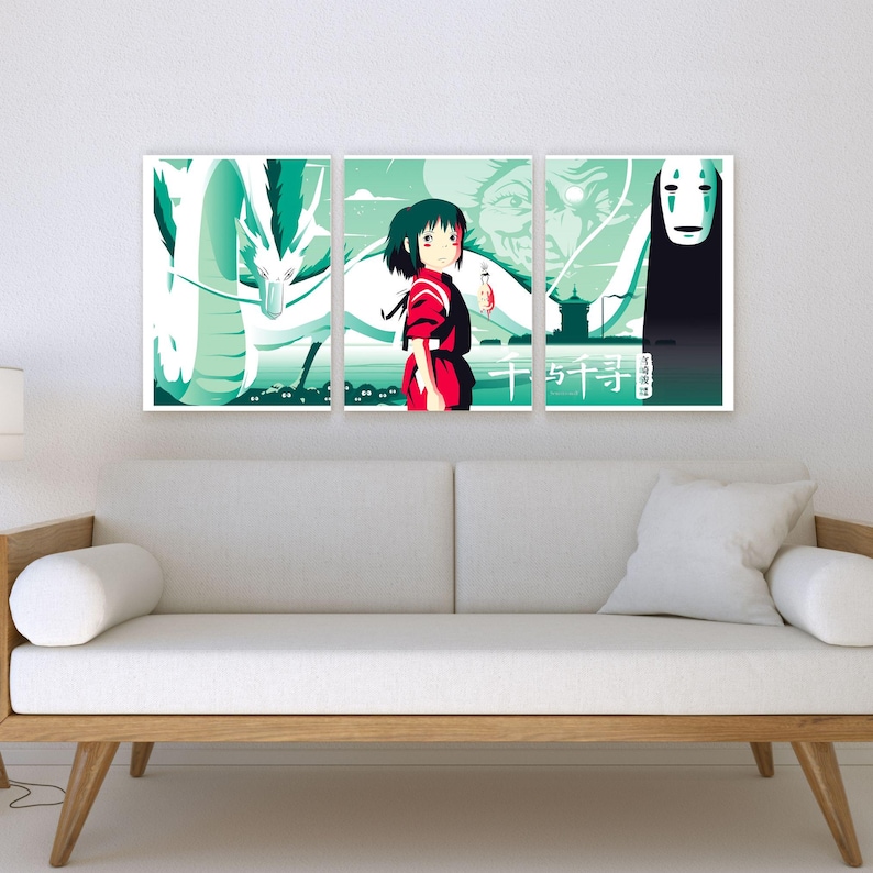 May include: A three-panel print featuring characters from the animated film Spirited Away. The left panel shows a white dragon with green scales. The middle panel shows a young girl with red hair and a red and white dress. The right panel shows a white and green background with a black figure with a white mask. The text "千と千尋の神隠し" is written in Japanese.