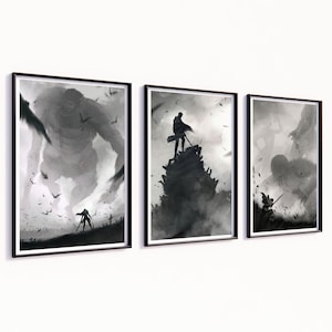 May include: A triptych of framed monochrome art prints. The images depict silhouetted figures and creatures in dynamic scenes. The artwork has a fantasy theme, with a dark and atmospheric style. The frames are black, creating a striking contrast.
