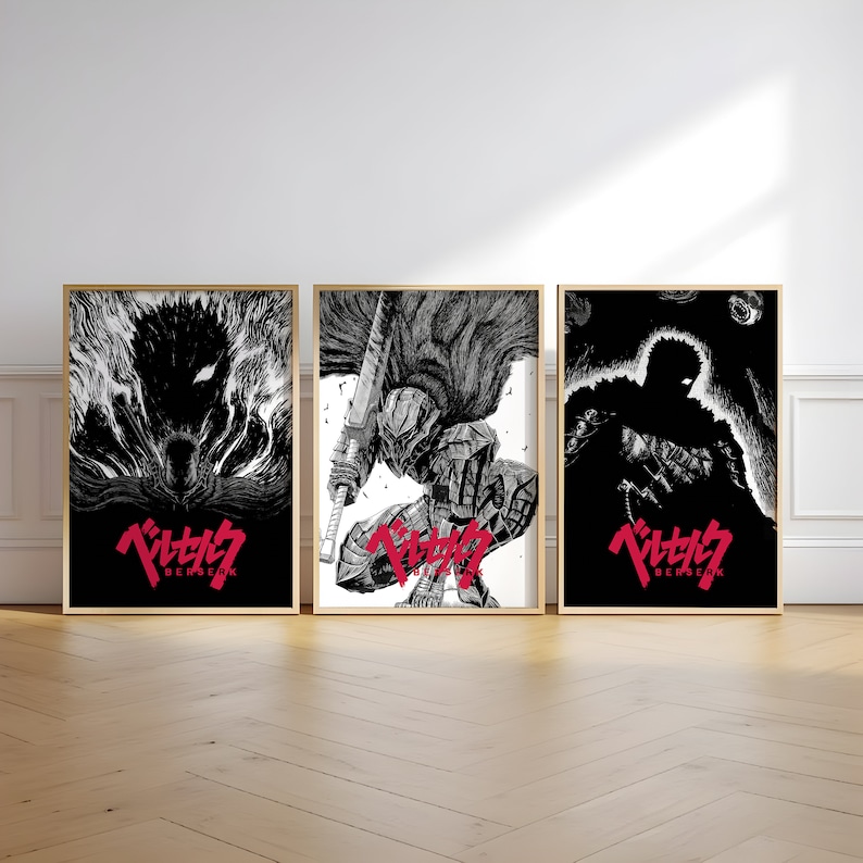 May include: Three black and white framed prints of the anime character Guts from the manga series Berserk. The prints feature different poses of Guts, including a close-up of his face, a full-body shot of him wielding a sword, and a silhouette of him standing in a dark background. The title "Berserk" is written in Japanese and English on each print.