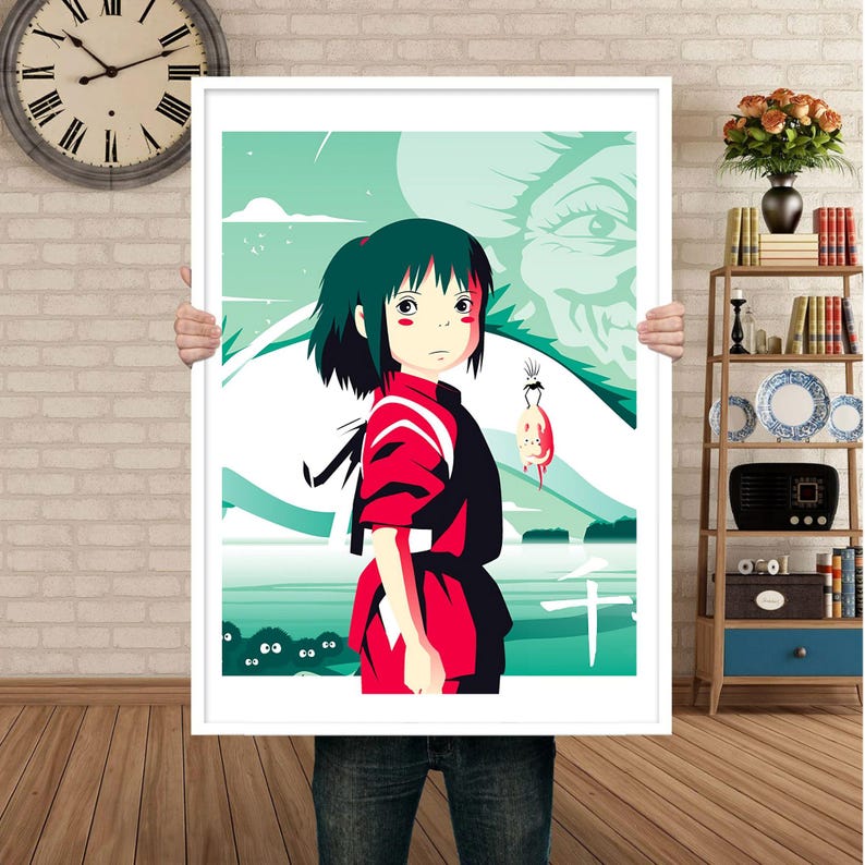 May include: A digital illustration of a young girl with dark hair wearing a red and white kimono. She is standing in front of a green and blue landscape with a white bird flying above her. The background includes a large eye and the Japanese word "千" in white.