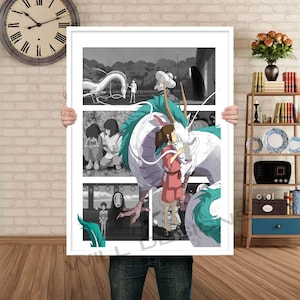 Op de afbeelding: Een witte ingelijste print van een cartoonillustratie met een groene en witte draak waarop een jong meisje rijdt. De draak wordt omringd door andere personages in een stripboek stijl.