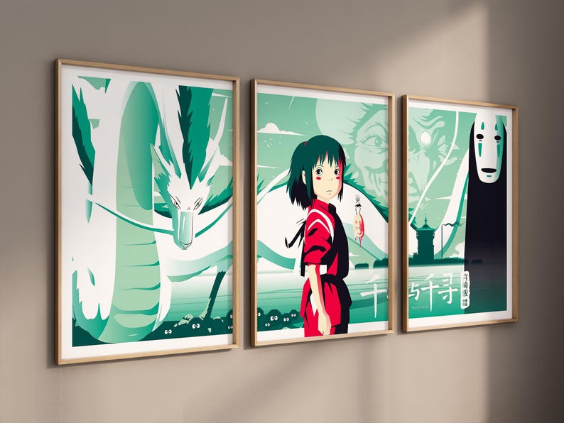 May include: A set of three framed prints featuring characters and scenes from the animated film Spirited Away. The first print shows a white dragon with green scales, the second print shows a young girl with red hair and a white spirit, and the third print shows a black spirit with a white mask.