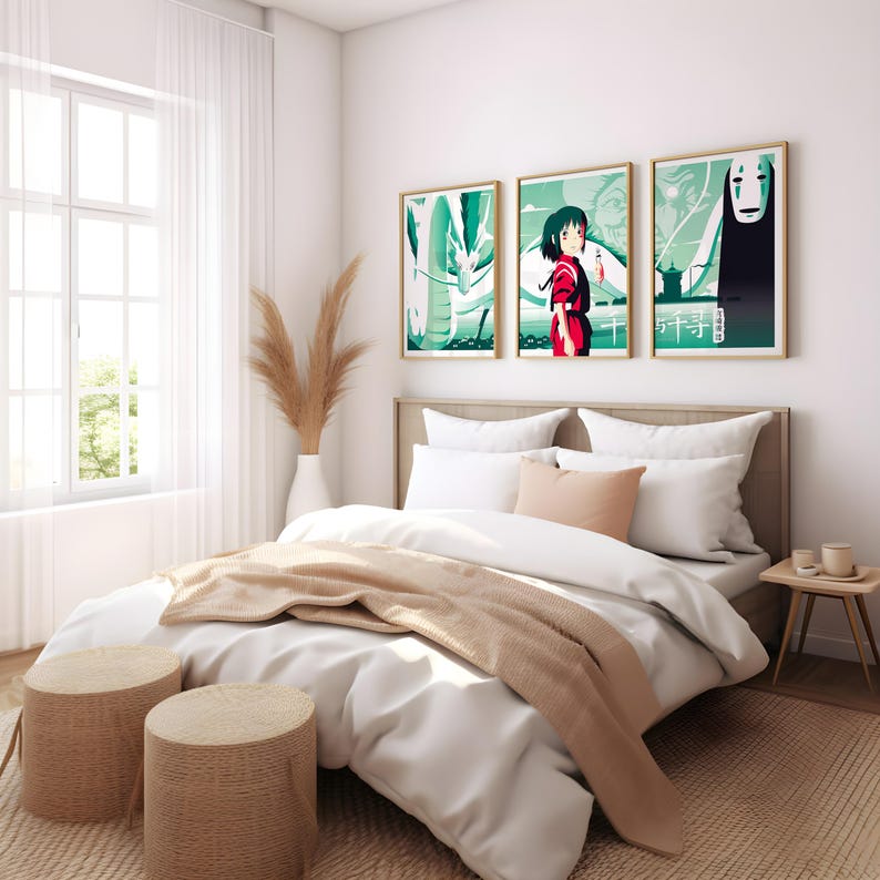 May include: A white bed with a beige blanket and two beige woven stools. The bed has a white headboard and a white and beige pillow. Three framed posters with anime characters and Japanese text hang on the wall behind the bed.