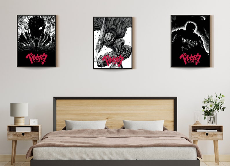 May include: Three framed black and white illustrations of a character from the anime series "Berserk". The character is depicted in different poses, including a full-body shot, a close-up of the character's face, and a silhouette of the character. The title of the series, "Berserk", is written in Japanese characters in red at the bottom of each illustration.
