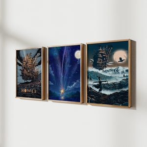 May include: Three framed art prints featuring scenes from the animated film Howl's Moving Castle. The first print shows the castle flying through the air, the second print shows a shooting star in the night sky, and the third print shows a figure standing in a foggy landscape.
