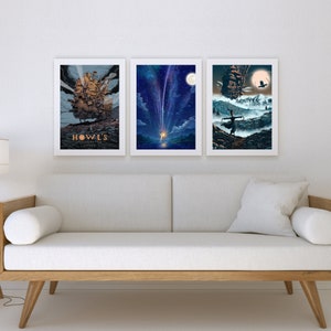 May include: Three framed prints of scenes from the animated film Howl's Moving Castle. The first print shows the moving castle in the sky, the second print shows a shooting star, and the third print shows a young woman standing in front of the castle.