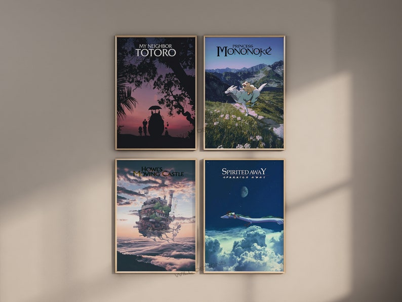 May include: Four framed art prints featuring animated movie posters. The posters include "My Neighbor Totoro," "Princess Mononoke," "Howl's Moving Castle," and "Spirited Away." Each poster has a unique color palette and design, with text at the top.