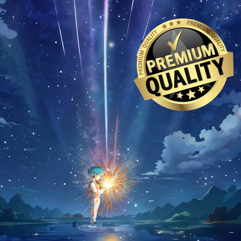 May include: A blue-haired anime character stands in a lake, holding a glowing orange orb. The background is a starry night sky with a bright streak of light.