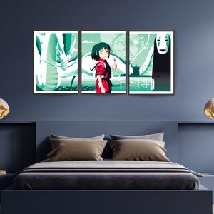 May include: A three-panel print set featuring characters from the animated film Spirited Away. The panels depict a green dragon, a young girl in a red dress, and a masked figure.