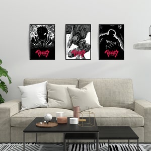 May include: Three black framed posters with black and white illustrations of a character from the anime series "Berserk". The posters have the Japanese title "Berserk" in red lettering.