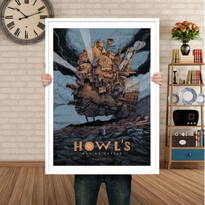 May include: A poster featuring a detailed illustration of Howl's Moving Castle from the Studio Ghibli film. The castle is a steampunk-inspired structure with intricate details and a whimsical design. The poster is set against a backdrop of a cloudy sky and a rocky landscape. The text "Howl's Moving Castle" is prominently displayed at the bottom of the poster.