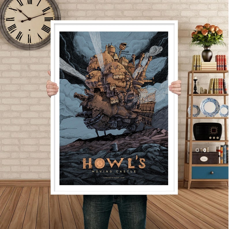 May include: A poster featuring a detailed illustration of Howl's Moving Castle from the Studio Ghibli film. The castle is a steampunk-inspired structure with intricate details and a whimsical design. The poster is set against a backdrop of a cloudy sky and a rocky landscape. The text "Howl's Moving Castle" is prominently displayed at the bottom of the poster.