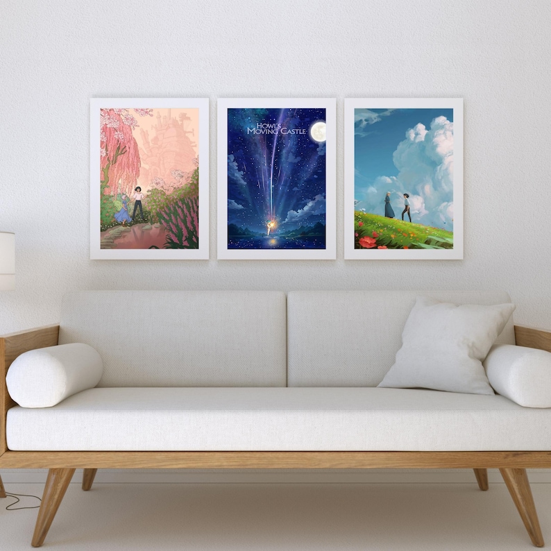 May include: Three framed posters with artwork from the animated film Howl's Moving Castle. The posters feature scenes from the movie, including a young woman walking through a forest, a magical castle flying through the night sky, and a couple walking through a field of flowers.