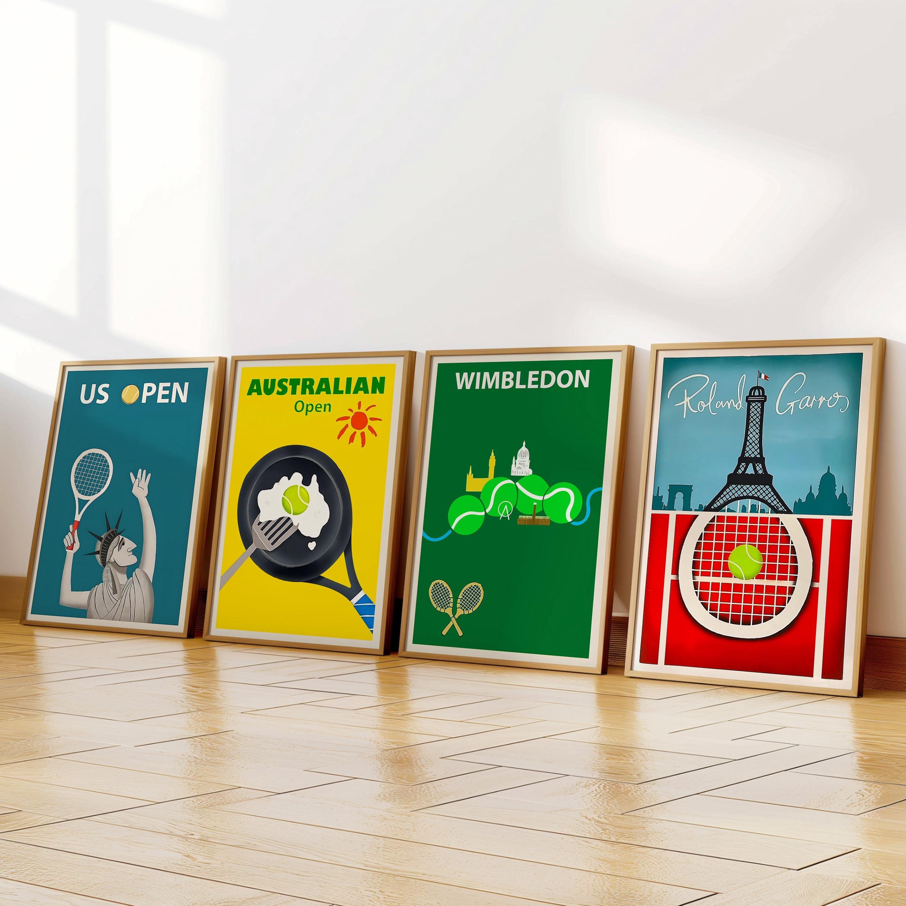 Tennis Art 4 Piece SET Canvas / Art Print / Framed Wall Art, Tennis Poster, Tennis World Tournament Art work, Gift for Tennis Fan