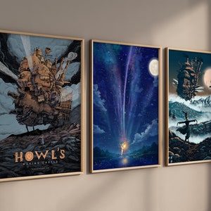 May include: Three framed art prints featuring scenes from the animated film Howl's Moving Castle. The first print shows the moving castle in the sky, the second print shows a shooting star in the night sky, and the third print shows a figure standing in a foggy landscape.