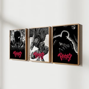 May include: Three black and white framed prints of the anime character Guts from the series Berserk. The prints feature different poses of Guts, including a close-up of his face, a full-body shot, and a silhouette. The title "Berserk" is written in Japanese on each print.