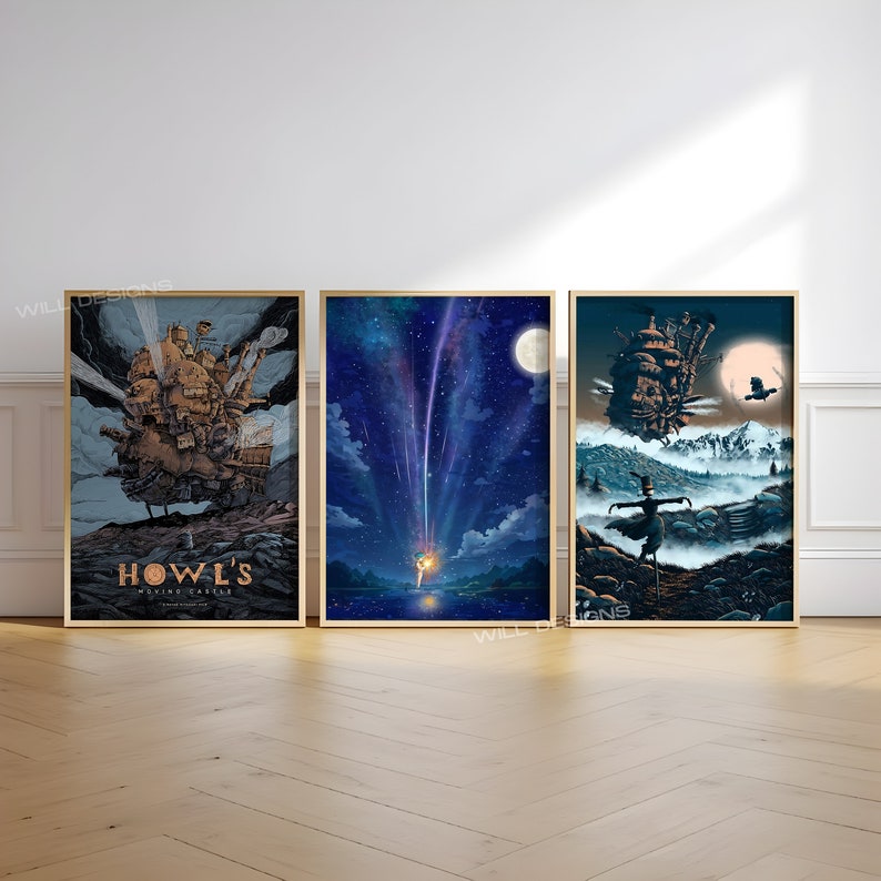 May include: Three framed posters featuring scenes from the animated film Howl's Moving Castle. The first poster shows the castle flying through the air, the second poster shows a shooting star in a night sky, and the third poster shows a scarecrow standing in a snowy landscape.