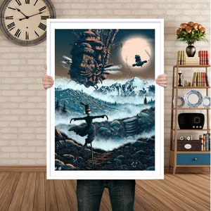 May include: A digital illustration of a flying steampunk airship with a person in a top hat standing on a hill in a foggy forest. The airship is flying over a snowy mountain range. The moon is visible in the sky.