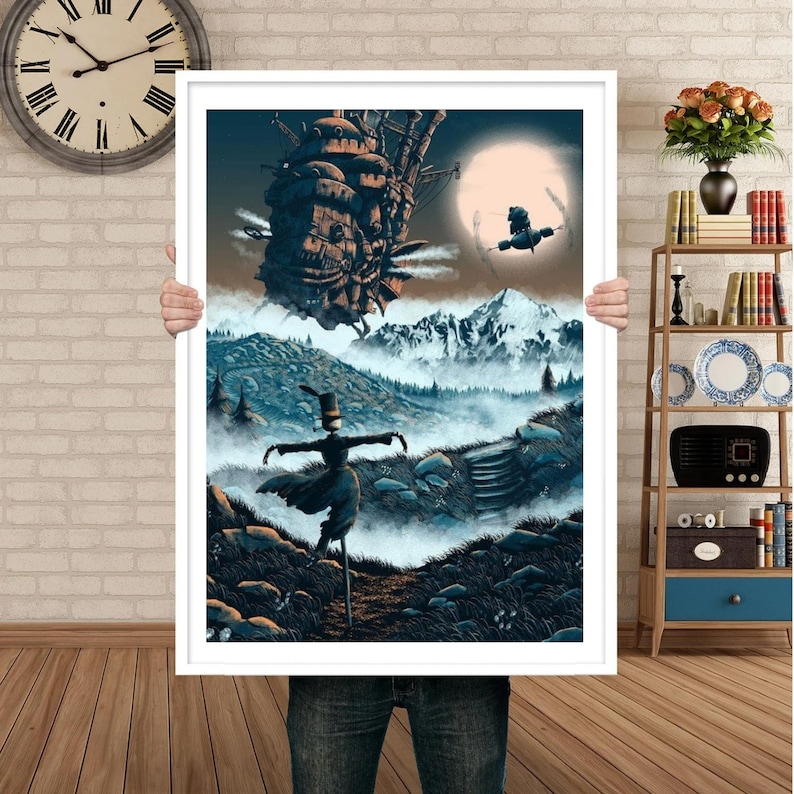 May include: A digital illustration of a flying steampunk airship with a person in a top hat standing on a hill in a foggy forest. The airship is flying over a snowy mountain range. The moon is visible in the sky.