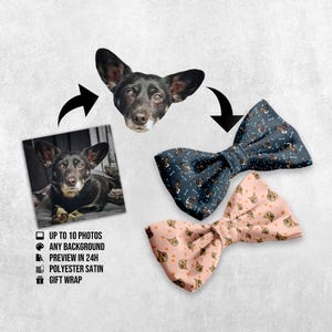 May include: Two bow ties with dog and cat patterns. One is navy blue with a dog and bone design, the other is light pink with a cat pattern. The image also shows a dog's face and a photo of the dog.