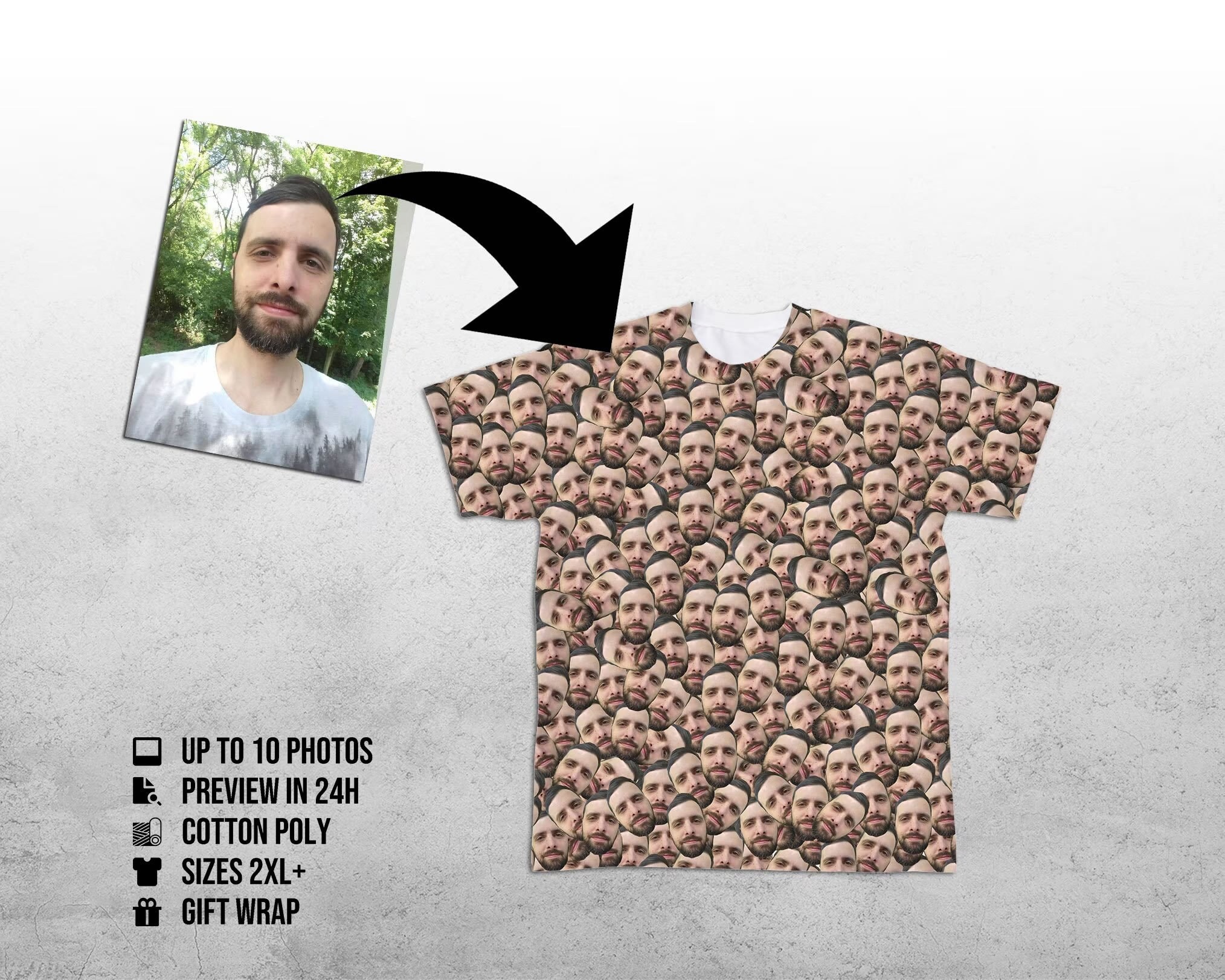 Custom faces tshirt from your photo - design your fullprint tee - Create persolanized all over clothing - Boyfriend Girlfriend Gift