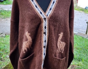 Vintage Alpaca Wool Cardigan Sweater Brown Llama Alpaca Motif Fuzzy Knit Button Front Pockets L to xl