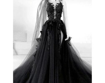 3D Floral Black Bridal Dress/Black Bridal Evening Dress/Tulle Prom Dress/Black Wedding Dress/Gothic Ballgown/Graduation Dress Plus Size