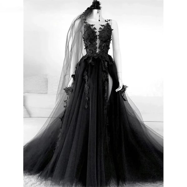 3D Floral Black Bridal Dress/Black Bridal Evening Dress/Tulle Prom Dress/Black Wedding Dress/Gothic Ballgown/Graduation Dress Plus Size