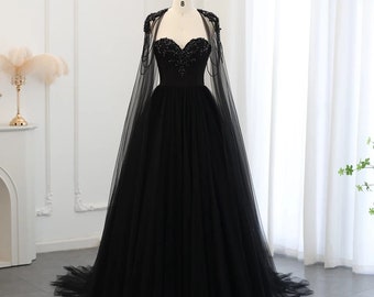 Black Beaded Wedding Dress with Cape/Black Dress with Embroidery/Sequin Dress/Black Wedding Dress/Flowy Dress & Train/Black Prom Dress