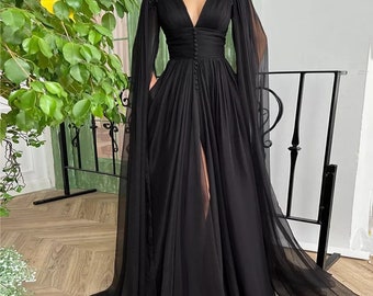 Black Chiffon Dress with High Slit Long Sleeves, Prom Dress, Black Wedding Dress, Party Dress