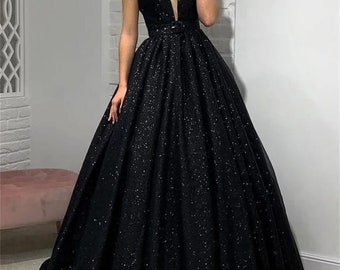 Rückenfreies schwarzes glitzerndes Brautkleid/Tüll-Abschlussballkleid/schwarzes Hochzeitskleid/Gothic-Ballkleid/Heimkehrkleid/Abschlusskleid