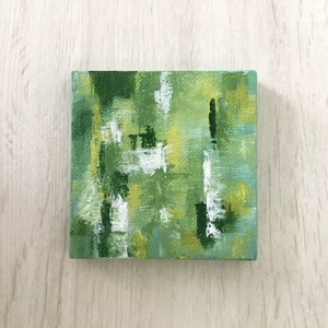 Peinture minimaliste abstraite originale dans les forêts | Peinture acrylique 3 x 3 pouces avec chevalet, maison peinte, petite peinture