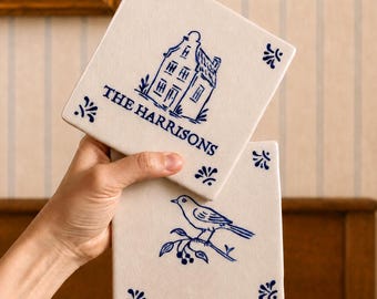Hand-Painted Delft Style Ceramic Tile, Personalized Text, Housewarming Gift (Easel Included)