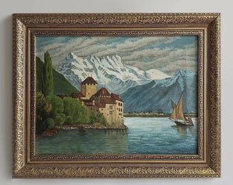 Pintura a óleo vintage da década de 1940, representando um lago suíço – Arte náutica em moldura dourada ornamentada (20”x16”)
