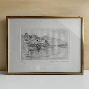 Grabado en acero vintage de un pueblo suizo junto al lago, década de 1910 - 38,5 x 28,5 cm (15" x 11") - Dibujo para impresión artística, dibujo para impresión enmarcada