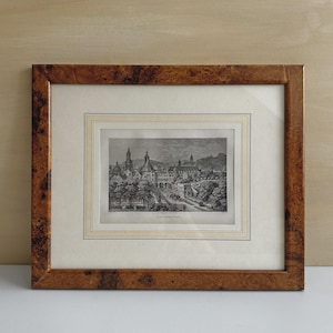Grabado en acero vintage de una ciudad histórica de 1843 (34 x 28 cm): dibujo, boceto para marco, boceto de la ciudad