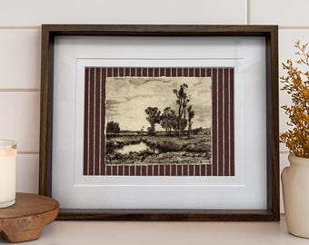 Impressão Giclée de Paisagem Vintage Esboçada emoldurada, Moldura Marrom, Arte Europeia (26,4 cm x 21 cm)