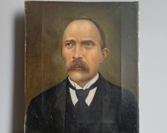 Pintura a óleo de um cavalheiro antigo – Arte de retrato europeia de 1895 (26,4 cm x 32 cm)