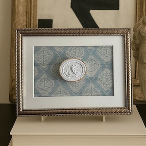 Pequeno entalhe emoldurado Grand Tour Intaglios Selos de gesso Medalhão Arte de parede Presente exclusivo Clássico Romano Camafeu Mini Arte emoldurada vintage 7" x 9"